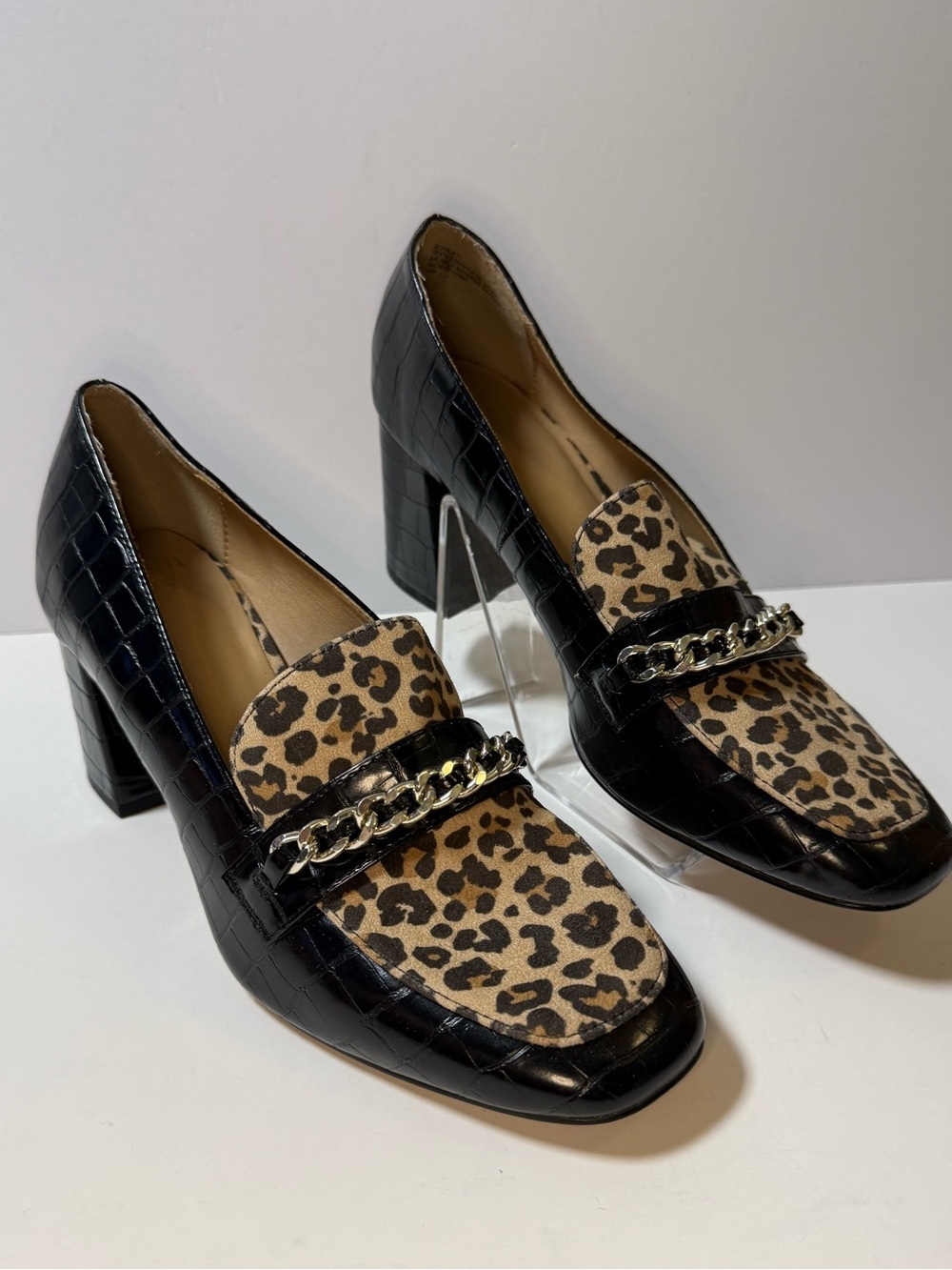 crown & ivy Black Croc-Embossed Block Heels with Leopard Print and Gold Chain